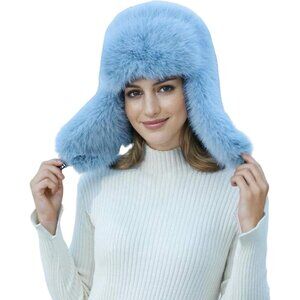 Women's Sky Blue Faux Fur Ski Trooper Winter With Earflap Classic Ushanka Cap